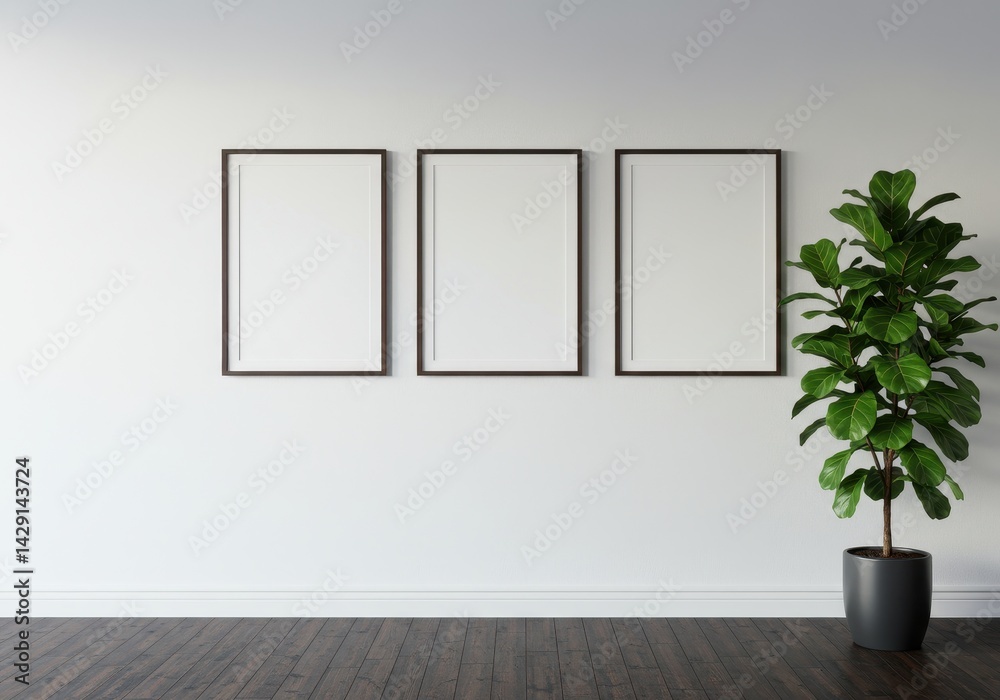 Three square blank photo frames on white wall with fiddle-leaf fig plant on dark wooden floor Three square blank photo frames on white wall with fiddle-leaf fig plant on dark wooden floor