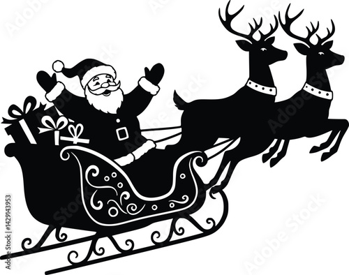 Santa claus in sleigh with two reindeer waving joyfully