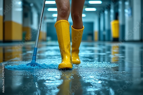 Woman in yellow boots mopping a wet floor in a hallway