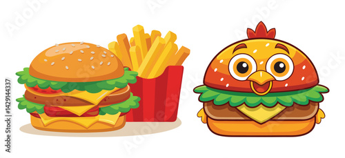 Set of burger with bacon and cheese, and Delicious cheeseburger served with golden fries and cold drinks at a casual dining setting
