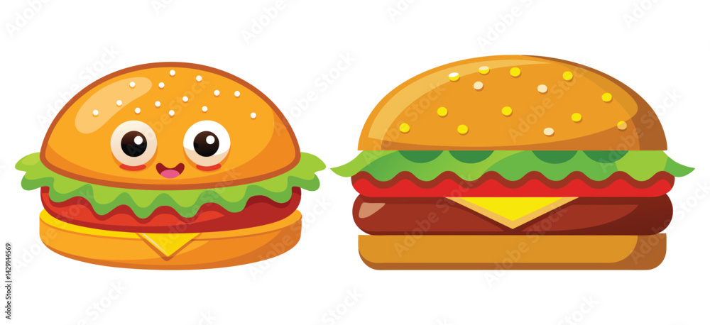 Set of burger with bacon and cheese, and Delicious cheeseburger served with golden fries and cold drinks at a casual dining setting Set of burger with bacon and cheese, and Delicious cheeseburger served with golden fries and cold drinks at a casual dining setting