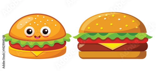 Set of burger with bacon and cheese, and Delicious cheeseburger served with golden fries and cold drinks at a casual dining setting