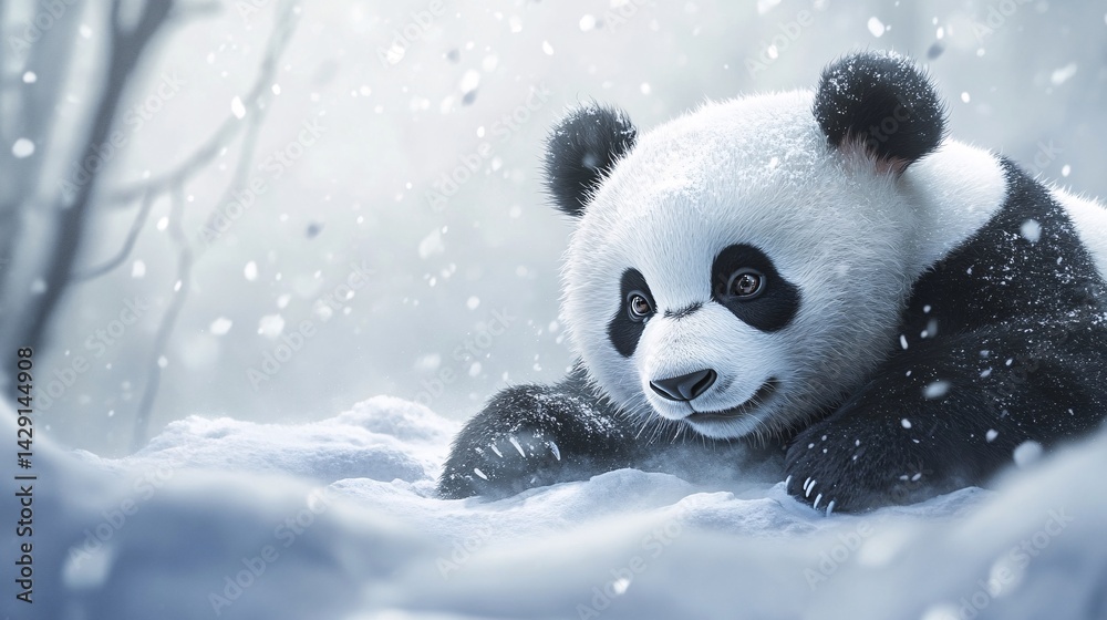 Panda cub in snowy forest winter wonderland, wildlife card