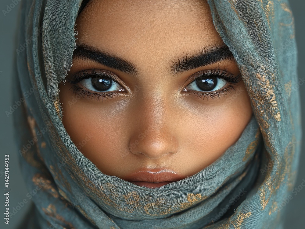 Fototapeta premium Portrait of a Woman with Striking Eyes Wearing an Ornate Headscarf, Displaying the Beauty of Tradition and Cultural Heritage, Featuring a Calm, Elegant Pose