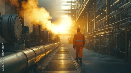 A male engineer in a safety suit walks through an industrial facility, inspecting SOFC exhaust heat-recovery piping. Steam, golden backlighting illuminate the metallic environment with intense energy