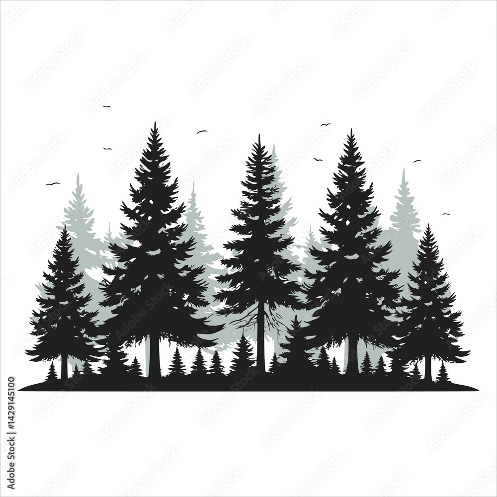 Obraz premium Silhouettes of majestic pine trees in a tranquil forest./This graphic design showcases a serene forest scene with silhouettes of tall pine trees.