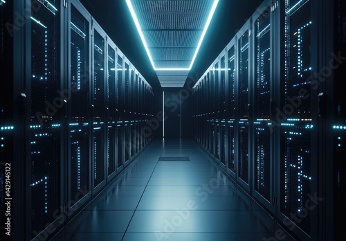 Dimly lit server room with symmetrical cabinet rows and blue LED lights  ideal for themes like data security  cloud systems  and modern IT infrastructure