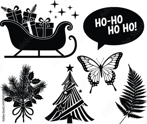 Christmas themed silhouettes featuring a gift filled sleigh, holiday tree, pine bouquet, butterfly, and seasonal foliage