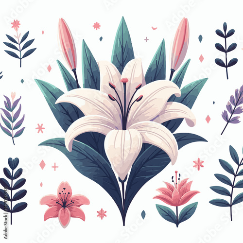 floral, lily, flower, nature, blossom, plant, white, background, spring, flora, bouquet, isolated, botanical, decoration, summer, botany, leaf, bloom, beautiful, green, closeup, petal, illustration, g