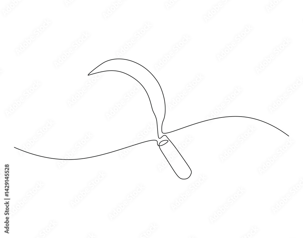 Obraz premium Sickle outline drawing illustration. Continuous line draw of farmer equipment vector.