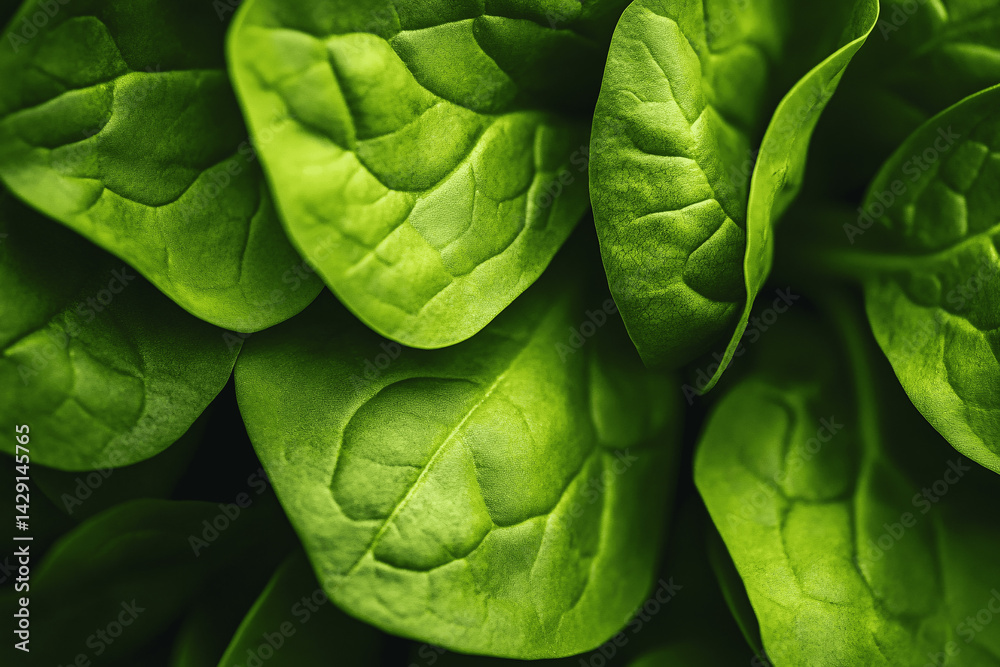 Obraz premium Macro Photography of Fresh Spinach Leaves in Vivid Green, Ideal Organic Food Wallpaper