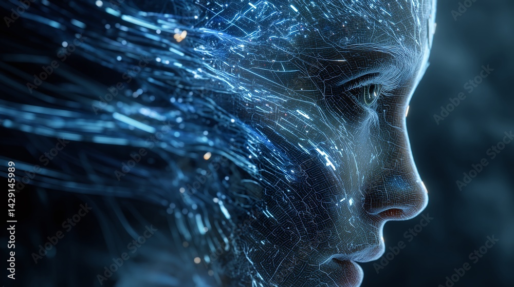 Fototapeta premium Digital Embrace: Intricate digital pathways intertwine with a serene face, revealing an ethereal, futuristic blend of human form and technological essence.
