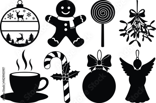 Christmas silhouettes featuring ornaments, gingerbread man, mistletoe, candy cane, angel, hot beverage, and lollipop
