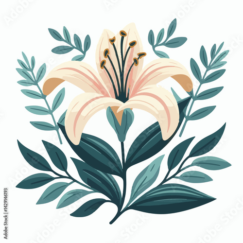 floral, lily, flower, nature, blossom, plant, white, background, spring, flora, bouquet, isolated, botanical, decoration, summer, botany, leaf, bloom, beautiful, green, closeup, petal, illustration, g