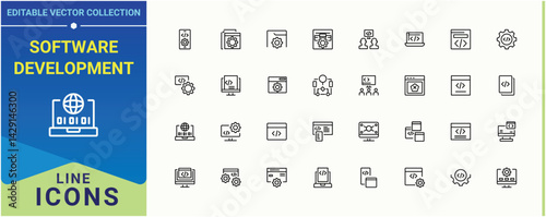 Software Development icon collection. Included website, develop, app, programming, technology and more. Programming Coding vector icon set. Modern icons collection. Vector collections.