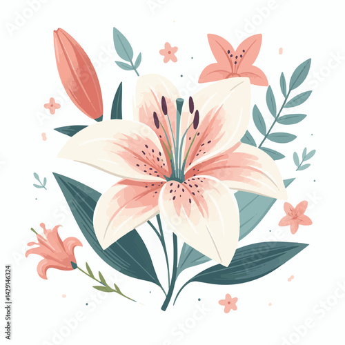 floral, lily, flower, nature, blossom, plant, white, background, spring, flora, bouquet, isolated, botanical, decoration, summer, botany, leaf, bloom, beautiful, green, closeup, petal, illustration, g