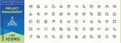Project Management icon pack. Contains such icons as strategy, team, teamwork, manage, plan, goal, work and more. Minimalist icons pack. Vector illustration. Manage icon set.