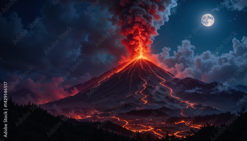 Fototapeta premium A powerful volcanic eruption at night, streams of hot lava flow down the mountain slopes