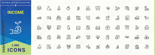Income icon set. Salary line icon set. Pack of pay, earning, earnings, accounting, finance, payment, revenue and more. Editable stroke. Pixel Perfect.