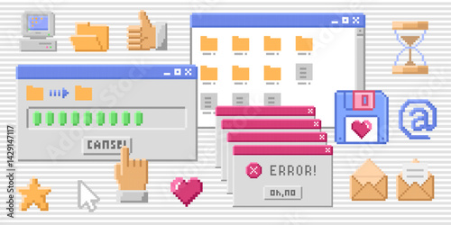 Retro computer interface elements set in pixel style