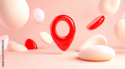 Obraz na płótnie Abstract 3D red location marker surrounded by fluid shapes in a modern minimalist design with copy space for text w salonie
