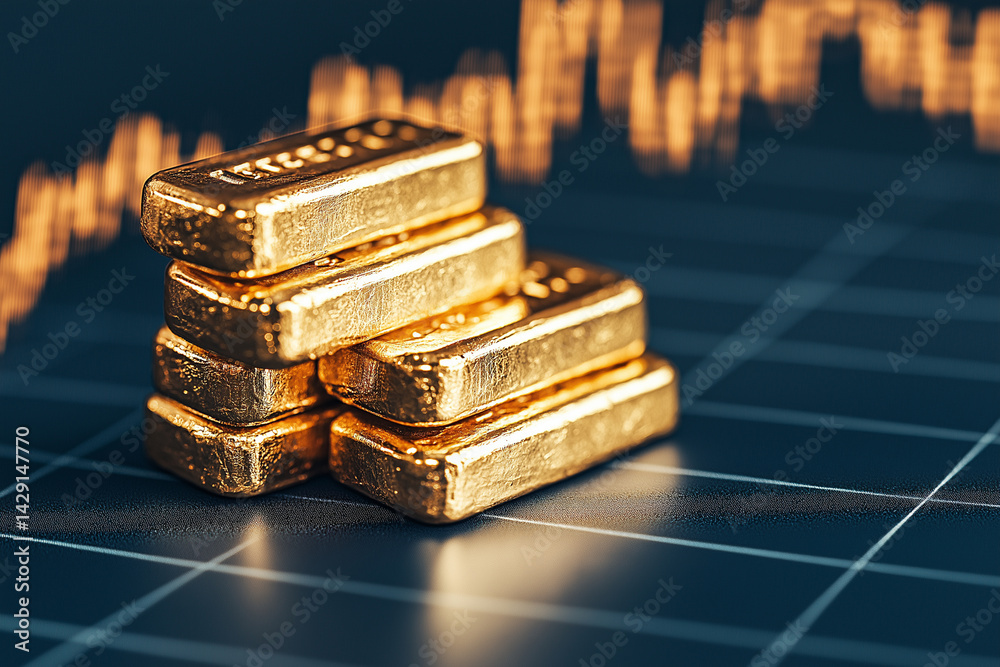 Gold bars stacked on financial chart background, symbolizing investment and wealth trends. shiny gold reflects rising commodity prices, showcasing economic growth Gold bars stacked on financial chart background, symbolizing investment and wealth trends. shiny gold reflects rising commodity prices, showcasing economic growth