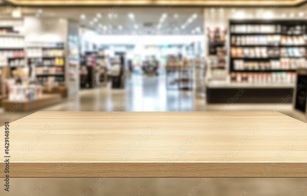 Light beige wooden table in front of a blurred supermarket Light beige wooden table in front of a blurred supermarket
