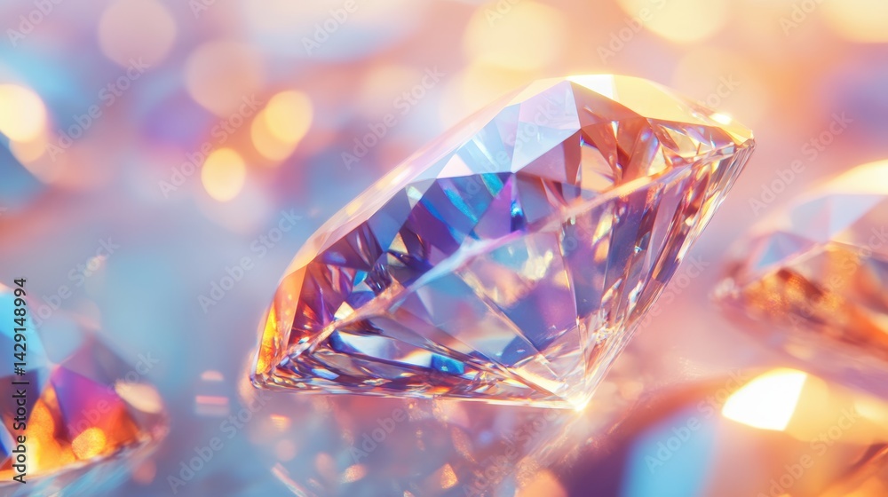 Macro shot of a diamond with visible facets and rainbow-colored sparkle, isolated on white background Macro shot of a diamond with visible facets and rainbow-colored sparkle, isolated on white background