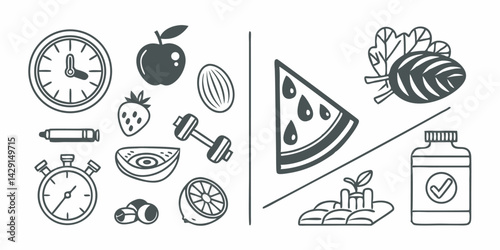 Healthy lifestyle elements in black and white outline for wellness theme