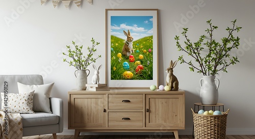 Adorable Easter Bunny amidst Colorful Eggs in Spring Meadow Wall Art Print