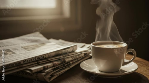 Steaming Coffee Mug on Wooden Table with Pile of Newspapers in a Cozy Morning Setting