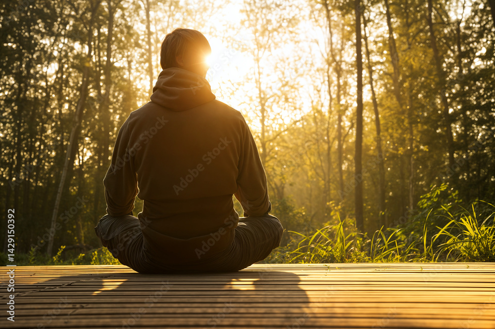 A person is meditating in a forest, sitting on a wooden surface with the sun shining through the trees behind them, creating a serene and tranquil atmosphere