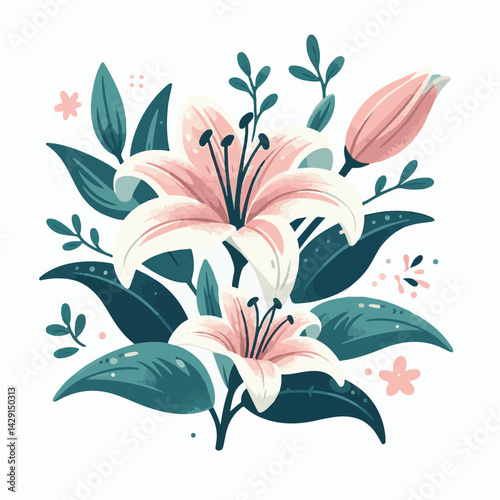 floral, lily, flower, nature, blossom, plant, white, background, spring, flora, bouquet, isolated, botanical, decoration, summer, botany, leaf, bloom, beautiful, green, closeup, petal, illustration, g