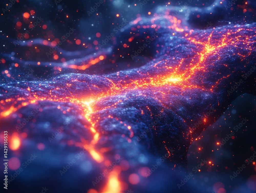 Fototapeta premium Glowing Abstract Nebula Landscape: A Cosmic River of Light and Shadow, Sparkling with Stars and Energy.