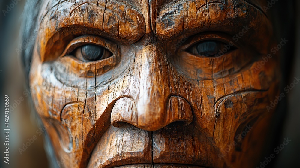 The intricate details of a hand-carved, wooden mask with its expressive features The intricate details of a hand-carved, wooden mask with its expressive features