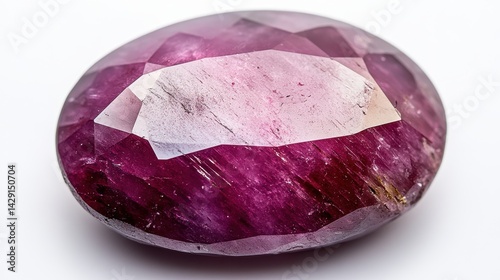 Extreme close-up of a flawless ruby gemstone with deep red color, isolated on white background