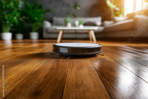 modern robot vacuum cleaner is actively cleaning wooden floor in stylish living room filled with plants and natural light. scene conveys sense of convenience and efficiency in home cleaning
