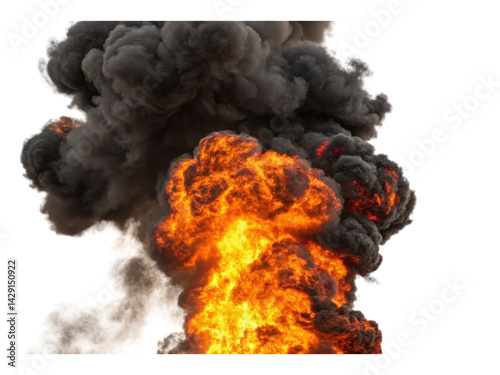 A dramatic explosion of fire and smoke, showcasing intense flames bursting through thick, dark clouds.