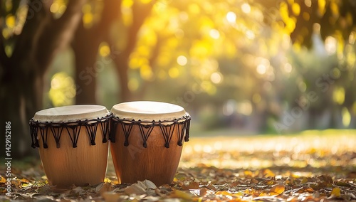 Two bongos on the ground in an outdoor park, with blurred trees and sunlight filtering through the leaves