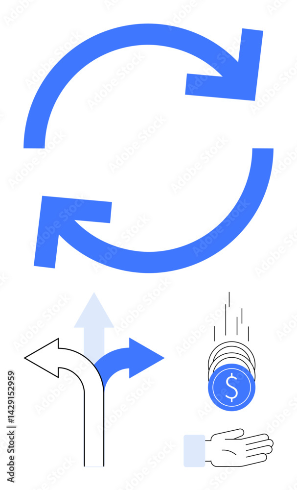 Two circular arrows indicate continuous cycles. A directional decision path shows a choice. Dropping coins into open hand implies investment exchange. Ideal for economy, process, finance, growth