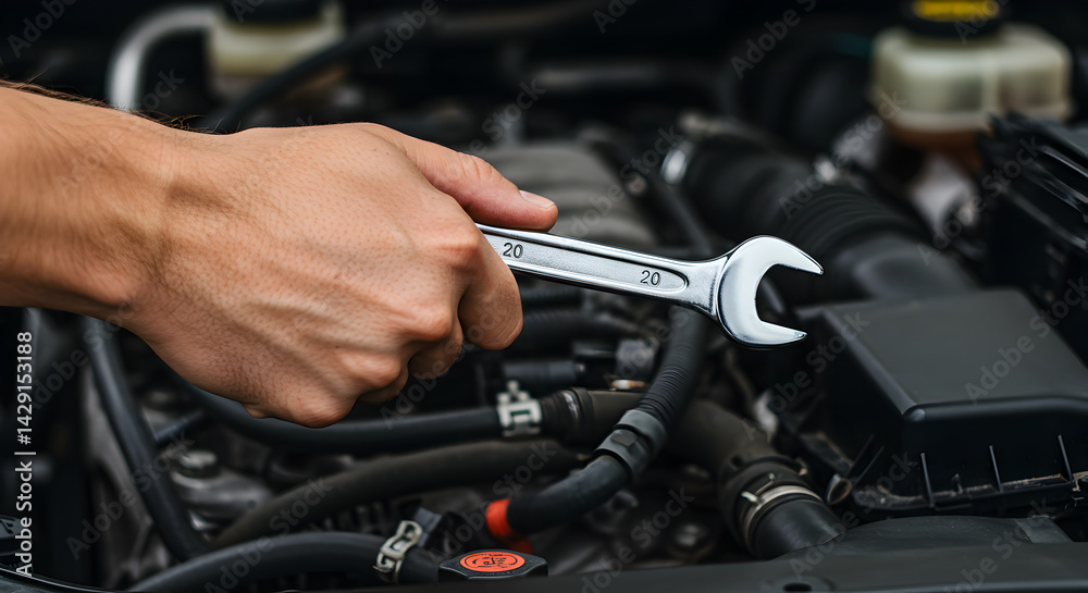 Close Up of a Hand Holding a Wrench Repairing Car Engine Under the Hood in Automotive Workshop Close Up of a Hand Holding a Wrench Repairing Car Engine Under the Hood in Automotive Workshop