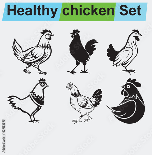 This vector set features a collection of chicken icons, including hen and rooster silhouettes perfect for farm or animal-themed designs