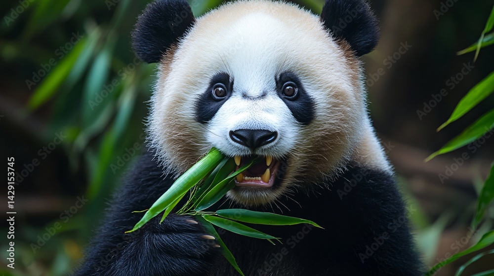 Obraz premium Panda eating bamboo in lush forest