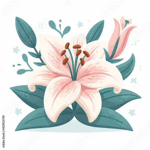 floral, lily, flower, nature, blossom, plant, white, background, spring, flora, bouquet, isolated, botanical, decoration, summer, botany, leaf, bloom, beautiful, green, closeup, petal, illustration, g