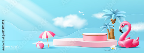 Summer podium display, pink flamingo inflatable rubber ring, coconut trees, beach umbrella on blue and pink background banner design