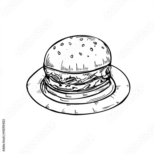 Smash burger served on round paper plate vector line art black ink sketch. traditional American homemade healthy BBQ beef sandwich with sesame seeds for restaurant menus, family weekend concepts.