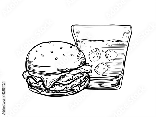 Monochrome burger and drink glass with ice black ink vector illustration. Etching drawing of beef patty with lettuce, tomato in sesame bun and cold beverage. Fast food for menus, food related designs