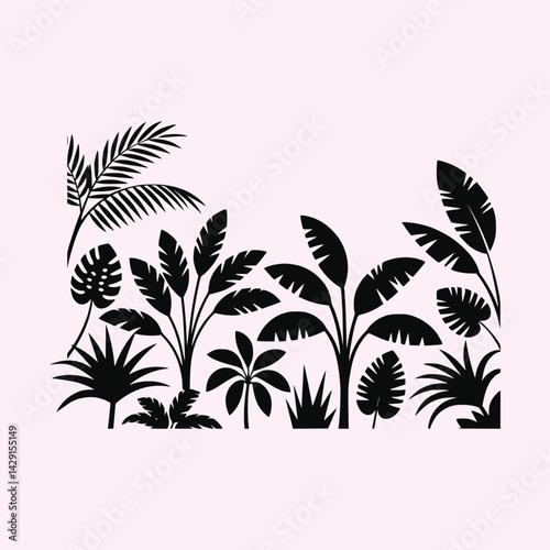 Wallpaper Mural Black Silhouette of Tropical Plant and Palm Tree, Exotic Leaves, Flowers, and Trees, Jungle Plant Silhouette Collection, Silhouettes Vector Set Torontodigital.ca