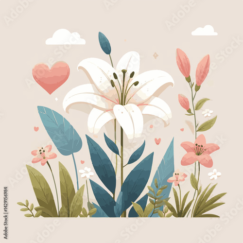floral, lily, flower, nature, blossom, plant, white, background, spring, flora, bouquet, isolated, botanical, decoration, summer, botany, leaf, bloom, beautiful, green, closeup, petal, illustration, g