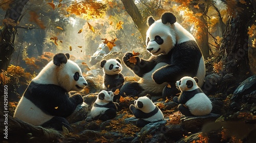 Panda family autumn forest gathering leaves